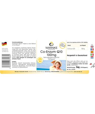 Coenzyme Q10 100mg - High Dose Ubiquinone Capsules - 100 Vegan Capsules | Warnke Vitalstoffe - German Pharmacy Quality - Buy Online on GoSupps.com