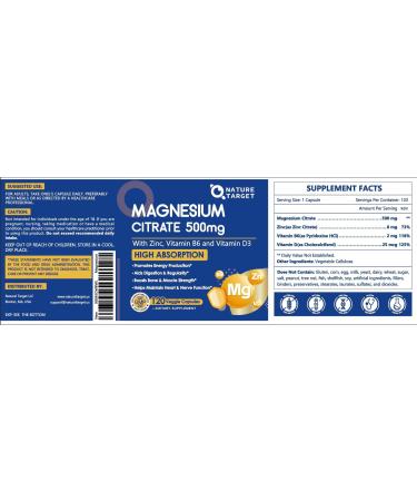 NATURE TARGET Magnesium Citrate 500mg with Zinc & Vitamin D for Muscle, Nerve, Bone & Heart Health, High Absorption Magnesium Supplement, Easy to Swallow Magnesium Capsule for Women & Men, 120 VegCaps 120 Count (Pack of 1) - Buy Online on GoSupps.com
