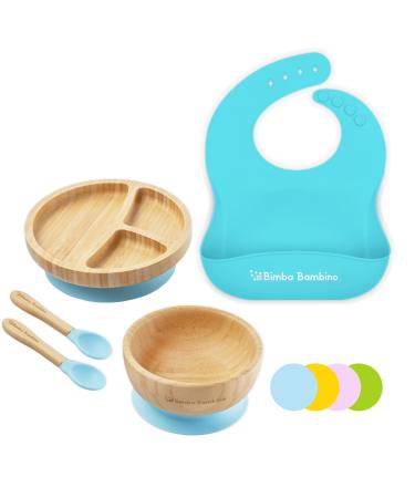 Bimba Bambino Baby Weaning Set | Bamboo Suction Plate Bowl Two Spoons and Silicone Bib Sturdy and Safe Non-Toxic Natural Bamboo Blue
