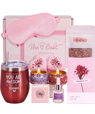 Pamper Gifts for Women Birthday Sleep & Relax Relaxation Bath Gifts Set for Her Mum Self Care Pamper Hamper with Lavender Essential Oil Bath bomb Bath Salt Soap Candle Wine Tumbler Sleep Mask Lavender&Rose