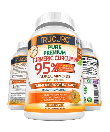 Trucurc Turmeric Curcumin with Black Pepper Supplement with 95% Pure Curcumin - Potent Joint Support Supplement - Max Absorption for Natural Joint Health Support - 60 Turmeric Capsules 60 Count (Pack of 1)