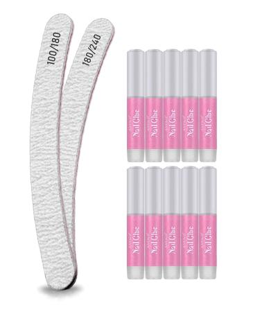 10pcs Nail Glues Extra Strong Quick Dry Adhesive For Natural or False Nails Art Tips Acrylic Gel to stick Diamantes Glitter Rhinestones transparent colour +2 Curved - Banana Nail Files