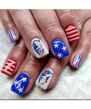 4th of July Press on Nails Short USA Independence Day False Nails Red blue White Designs Patriotic Stars and Stripes Fake Nails Square US Flag Full Cover Stick on Nails for Women Acrylic Glue on Nails