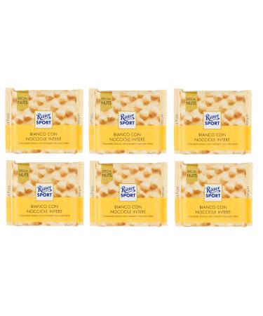 Italian Gourmet E.R. Ritter Sport Pack of 6 Special Nuts Bianco con Nocciole Intere White chocolate with whole hazelnuts and puffed rice 100g