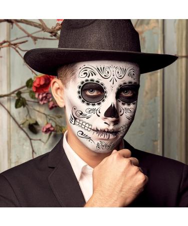 Day of the Dead Face Tattoos - 10 Sheet Halloween Temporary Tattoo Kit with Sugar Skull Design and Glitter Red Roses for Face and Body Makeup - Buy Online on GoSupps.com
