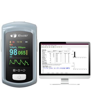 EMAY Sleep Oxygen Monitor with PC Software & App | Bluetooth Pulse Oximeter Rechargeable for Overnight & Continuous SpO2 Tracking with 72 Hours Built-in Memory | Gives Informative Report & Analysis