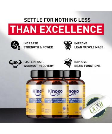 Kinoko Life Creatine Monohydrate 3000mg with UC-II Collagen 180 Capsules Pure Micronized Creatine Monohydrate Creatine Capsules for Joints and Bodybuilding Pre Workout Preworkout - Buy Online on GoSupps.com