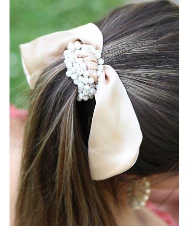 styleBREAKER Ladies Pearl Hair Tie with Satin Bow | Elastic Scrunchie & Ponytail Holder in Old Rose - Perfect for Elegant Hairstyles - Buy Online on GoSupps.com