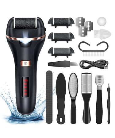Electric Callus Remover for Feet,Rechargeable Foot File Hard Skin Remover,Waterproof 14 in1 Professional Pedicure Kit for Cracked Heels Calluses&Dead Skin,with 3 Roller Heads 2 Speed, Battery Display Black&Black