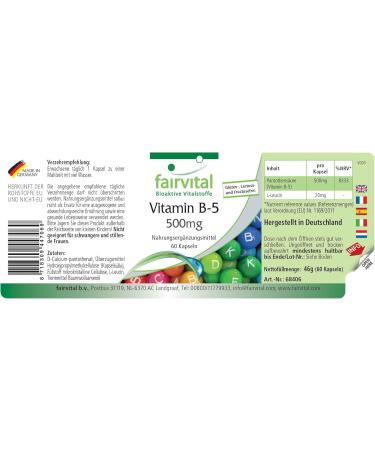 Fairvital Vitamin B5 500mg Vegan High Dosage 60 Capsules - Pantothenic Acid - Buy Online on GoSupps.com
