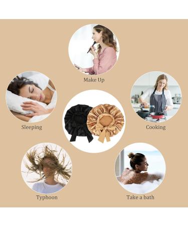 Silk Sleep Hood Set - 2 Adjustable Bonnets & Hair Ties for Women | Black & Gold Satin Night Caps - Buy Online on GoSupps.com