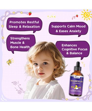 Kids Magnesium Liquid Drops, Magnesium Glycinate Liquid for Children's Supplement with Vitamin D3 K2 B12 & B6, Omega 3,L-theanine,Lemon Balm-for Sleep,Relaxation,Calm,Focus, Strawberry Flavor - Buy Online on GoSupps.com