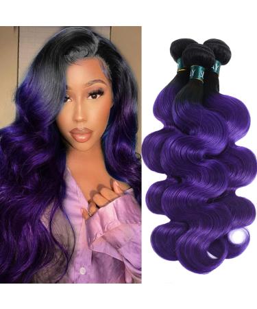 SEXAY Purple Bundles Body Wave Human Hair Weave 3 Bundles Virgin Hair, Brazilian Remy Hair Ombre 1b/Purple 2 Tone Ombre Hair Wavy For Women(121416) 12"14"16" Body 1b/Purple