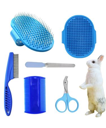 6Pcs Rabbit Grooming Kit Included Rabbit Grooming Brush, Pet Hair Remover, Pet Shampoo Bath Brush, Double-Sided Pet Comb,Pet Nail Clipper and Trimmer for Rabbit Hamster Bunny and Guinea Pig, Blue