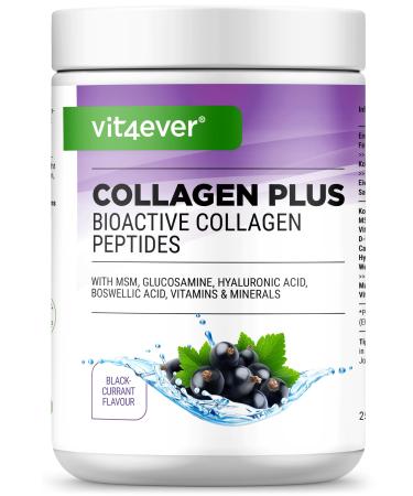 Vit4ever Collagen Plus - 500g powder with MSM glucosamine HCL hyaluronic acid incense extract - 100% hydrolyzed bioactive collagen peptides - collagen type 1 2 & 3 - blackcurrant taste