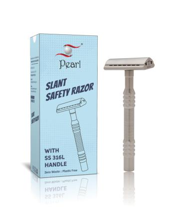 PEARL Premium Shaving Double Edge Safety Razor for Men- Semi Slant Stainless Steel | Triple Plating Gift Kit | Efficient & Gentle Shave for Thick Wiry Hair Sensitive Skin | L-65 Semi Slant DE Razor