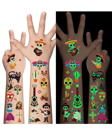 Day of the dead tattoo stickers  10 pieces of 100 kinds of children's cartoon luminous temporary tattoos  sugar skeletons  skeletons  gemstones  flowers  skeletons  red roses  skeletons clothing makeup  face makeup  fluo...