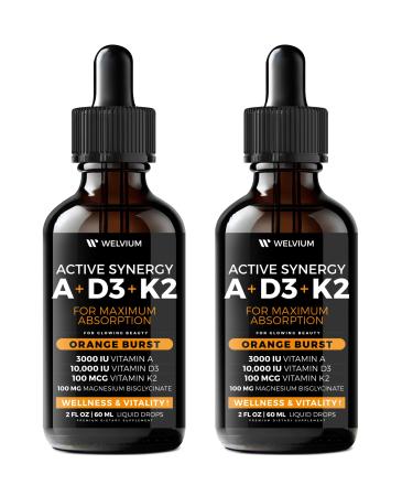 WELVIUM Liquid Vitamin D3 K2 Magnesium Liposomal Drops with 10000 IU Cholecalciferol MK7 Vitamin A Calcium MCT Oil Organic Sunflower Lecithin for Immune Bone Skin ADK Supplement - 2 Pack