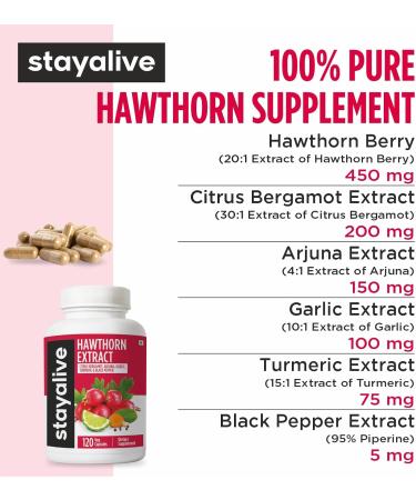 STAY ALIVE Hawthorne Berry Supplement, 20:1 Extract, 6-in-1 Hawthorn w/Citrus Bergamot, Turmeric Root Powder, Garlic, Arjuna & Black Pepper, 120 Pills, Non-GMO & Gluten-Free Hawthorn Berry Capsules - Buy Online on GoSupps.com