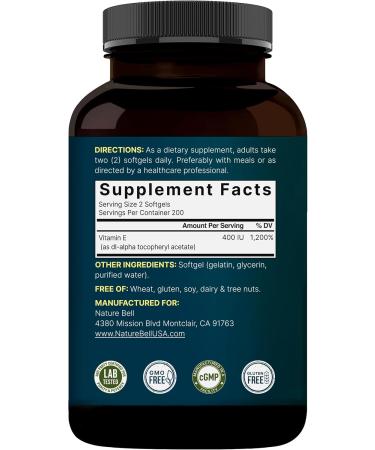 NatureBell Vitamin E Oil Softgels 400iu Per Serving 400 Pills | Essential Antioxidant Supplements Easily Absorbed Form Supports Skin Heart & Immune Health Non-GMO - Buy Online on GoSupps.com