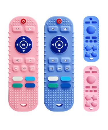 2 Pack Silicone Remote Control Baby Teether Toys Soft Silicone Teething Toys for Toddlers Baby Chew Toy for Baby 3-12 Months Baby Teethers Relief Soothe Toys Sensory Press Toy (Blue+Pink)