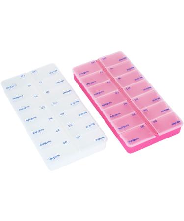 COM -FOUR 2x drug doser - medication box for 7 days - 2 compartments - Pillendose - pill box - tablet box - Weekoser for storage 02 Pi ces - 7 Jours - 2 fois 02 pieces - pink/white