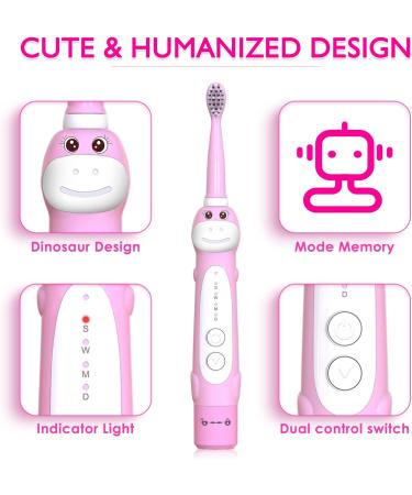 Kids Dinosaur Sonic Electric Toothbrush with Timer - 5 Modes, 8 Heads, Rechargeable - Ages 3-12 - Pink - Buy Online on GoSupps.com