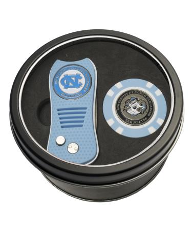 Team Golf NCAA North Carolina Tar Heels Gift Set Switchblade Divot Tool & Chip, Includes 2 Double-Sided Enamel Ball Markers, Patented Design, Less Damage to Greens, Switchblade Mechanism