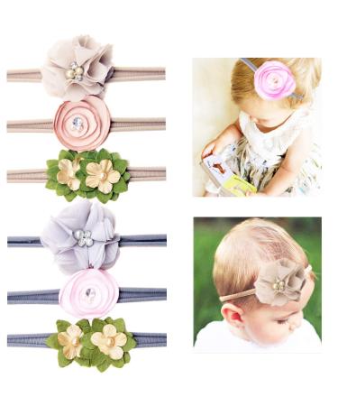 Baby Girl Headband Set ICEBLUEOR 6Pcs Baby Nylon Headbands Boutique Nylon Bows Hairbands with Hand Sewing Beads Flower for Newborns Infants