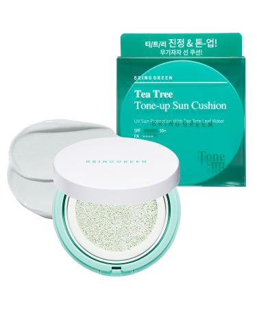 BRING GREEN Tea Tree Tone-up Sun Cushion SPF 50 | Daily UV Protection Broad Spectrum Sunscreen with Zinc Oxide for Sensitive Skin and Acne-Prone skin, Redness Relief and Sebum Control, 0.5 oz, 15g