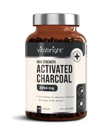 Activated Charcoal Capsules - 250 Capsules - 2004mg per Serving of 6 Capsules - from Natural Coconut Shell - for Indigestion Bloating Excessive Flatulence Gas - Vegan - Made in UK by VitaBright