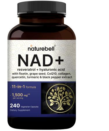 NatureBell NAD+ Complex 1 500mg Per Serving 240 Veggie Capsules | NMN Supplement Alternative | NAD Plus Resveratrol Hyaluronic Acid Quercetin Fisetin Collagen & More Non-GMO