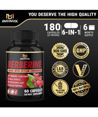 (3 Packs) Berberine Supplement Plus Ceylon Cinnamon Milk Thistle Turmeric Artichoke Leaf Black Peppe - 6 Month Supply - 180 Capsules Total - Buy Online on GoSupps.com