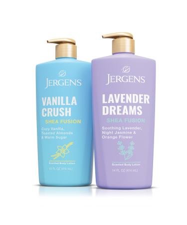Jergens Shea Fusion Body Lotion Dual Pack Moisturizer with Shea Butter and Vitamin E Vanilla Crush 14 fl oz and Lavender Dreams 14 fl oz Pack of 2