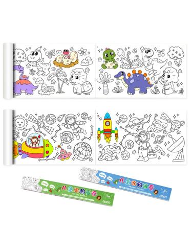 2 Pack Children's Drawing Roll Animal Coloring Paper Roll for Kids Sticky DIY Painting Drawing Paper Rolls for Toddler Wall Coloring Paper Stickers Coloring Books 79 11.8 Inch(Dinosaur and Astronaut)