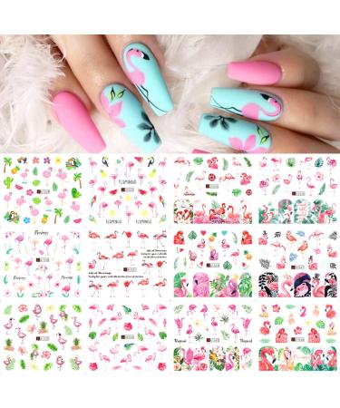 12 Sheets Flamingo Nail Art Stickers Water Nail Decals Rainforest Flowers Leaves Design Nail Sticker for Women Girls Personality Nail Stickers for Nail Art DIY Water Transfer Sliders Nail Decorations
