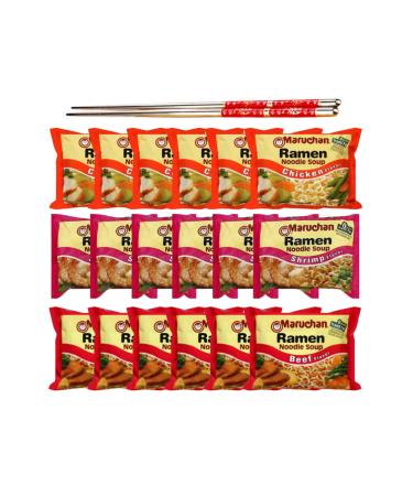 Ja Cor Instant Ramen Noodle Soup Variety Pack 3 Flavors (6) Chicken (6) Shrimp (6) Beef Flavor Noodles Bulk 3 oz Bundle with 1-Set of Reusable Chopsticks (18 Individual Packs)