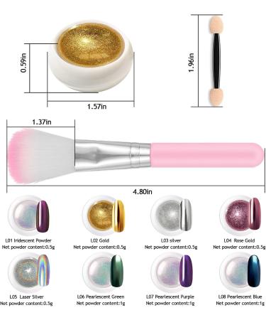 Lofuanna Chrome Nail Powder Set - 8 Colors Mirror Effect Holographic Pearl Iridescent Glitter Manicure Kit | Nail Art Deco with Eyeshadow Sticks and Dust Brush - 1g/0.5g Jar - Buy Online on GoSupps.com