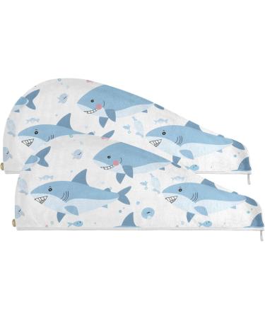 Pink Blue Sea Sharks Hair Towel 2 Pack | Super Absorbent Quick Dry Hair Turbans for Women & Girls - Buy Online on GoSupps.com