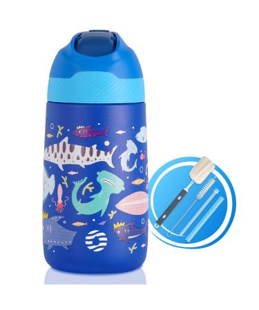 FEIJIAN Kids Insulated Water Bottle With Straw Lid 12oz  Leak-Proof BPA-FREE Metal Drink Flask  Double Wall Vacuum Stainless Steel Reusable Tumbler For Toddlers  Girls  Boys-Suitable For School Ocean