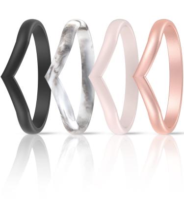 ThunderFit Thin Heart Shaped Silicone Wedding Rings for Women - 8 Rings / 4 Rings / 1 Ring - Stackable Rubber Engagement Bands - Width 2.7mm - Thickness 2mm Black, Marble, Light Pink, Rose Gold 7.5 - 8 (18.2mm)