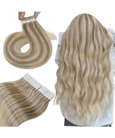 Tape in Hair Extensions Blonde Human Hair Extensions Tape in Highlight Medium Blonde Human Hair Tape in Hair Extensions Real Human Hair Silky Straight 18Inch 50g