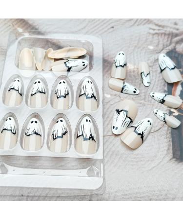 Halloween Press on Nails - Medium Almond Ghost Design | Cute Glue-on Acrylic Nails for Women & Girls | 24Pcs Full Cover French Tips - Buy Online on GoSupps.com