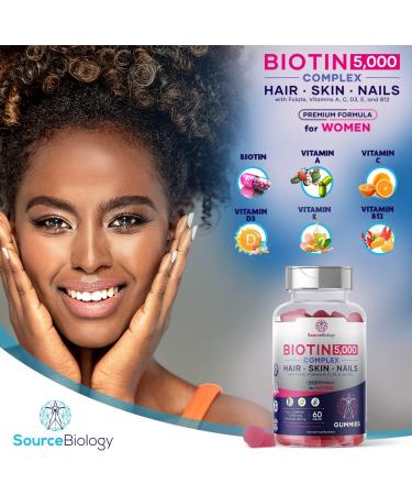 Source Biology Biotin 5000 Mcg Complex - High Potency Vegan Gummies for Hair, Skin, Nails - With Folate, Vitamins A, C, D3, B12 - Women's Premium Formula - Buy Online on GoSupps.com