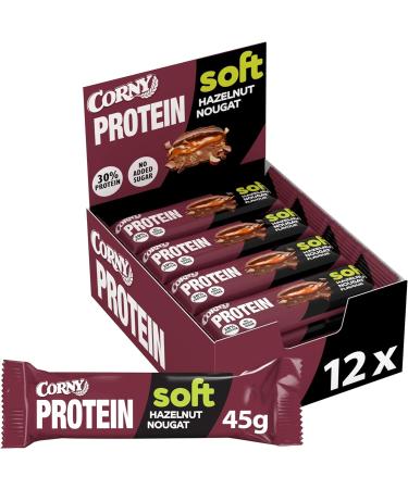 Corny Protein Soft- Milk Chocolate Protein Bars Hazelnuts and Nougat Taste 30% Protein 0% Added Sugars Pack of 12x45g Ta