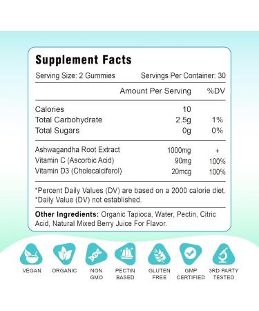 2 Pack Ashwagandha Gummies with Vitamin D for Women & Men Sugar Free Vegan 1000MG Ashwagandha Supplement Gummy & Vitamin C 120 Count Ashwagandha 60 Count (Pack of 2) - Buy Online on GoSupps.com