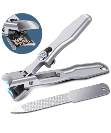Nail Clippers with Catcher- DRMODE Wide Jaw Opening Nail Clippers for Thick Nails Splash Proof Toenail Clippers Long Handled Nail Cutter with Sharp Curved Blade for Men Senior Splash Proof Silver