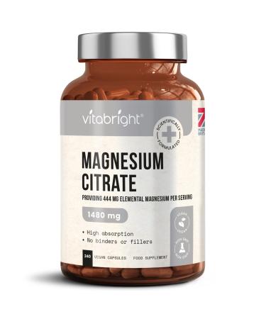 Magnesium Citrate - 1480mg High Strength - 240 Capsules (4 Month Supply) - Vegan Premium Magnesium Capsules - Providing 444mg Elemental Magnesium Supplement - Made in UK by VitaBright