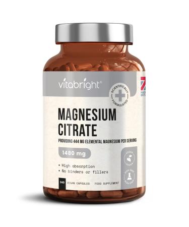 Magnesium Citrate - 1480mg High Strength - 240 Capsules (4 Month Supply) - Vegan Premium Magnesium Capsules - Providing 444mg Elemental Magnesium Supplement - Made in UK by VitaBright - Buy Online on GoSupps.com