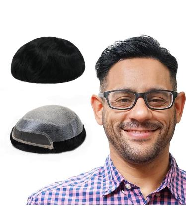 Lordhair knotless toupet for men skin just injected top front human hair system base size 8x10 inch light medium density men hair part (deep black 1#)